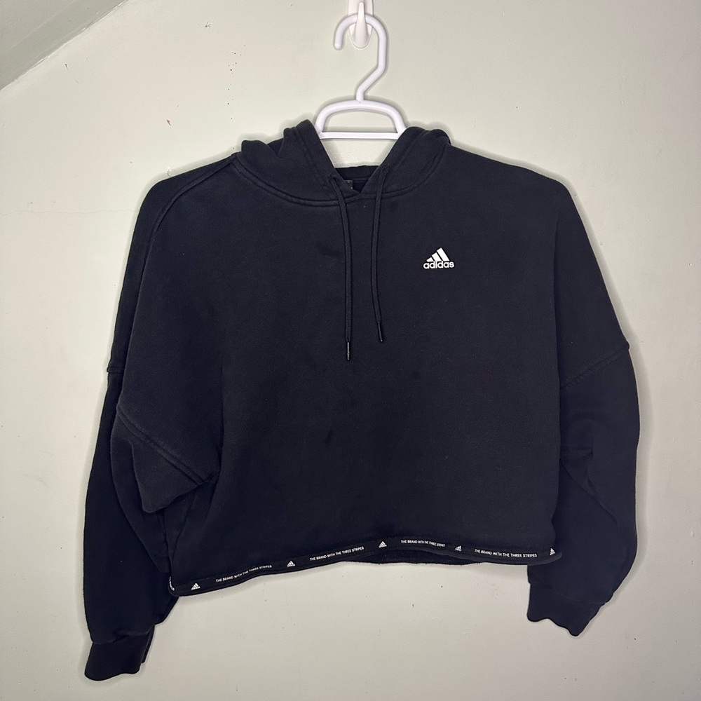 Adidas Cropped Hoodie Size XS Black Oversized 100% Cotton Batwing Sleeve